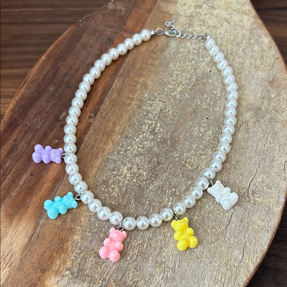 Pearl Necklace with Pastel Gummy Bear Charms